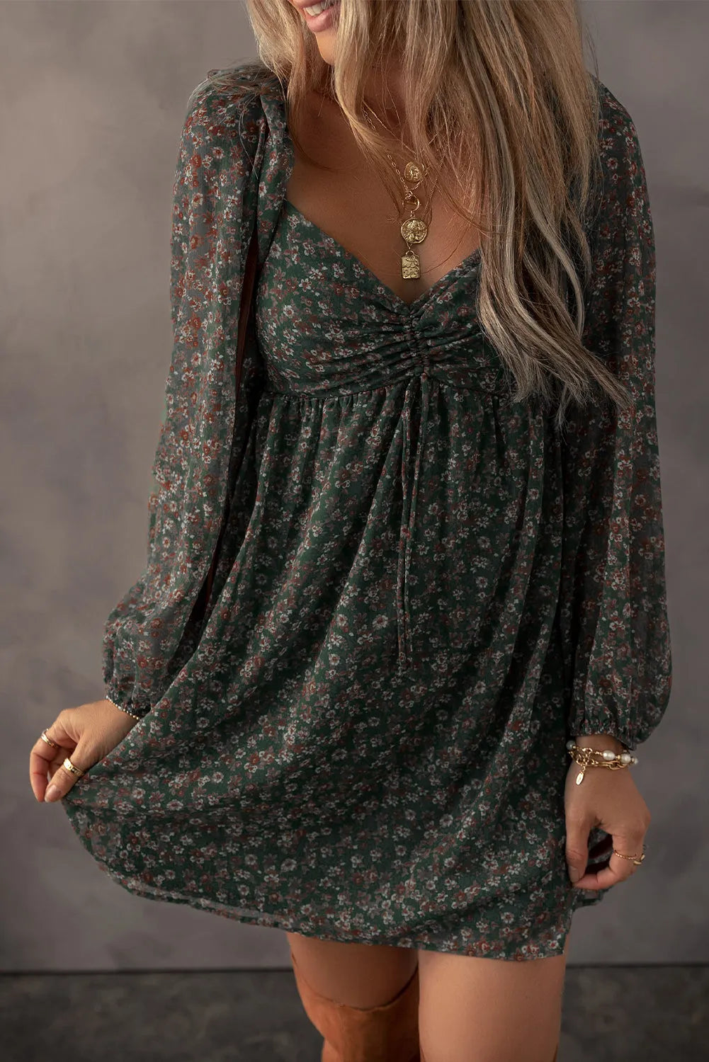 Green Floral Print Sweetheart Neck Shirred Back Mini Dress - Chic Meadow Boutique 