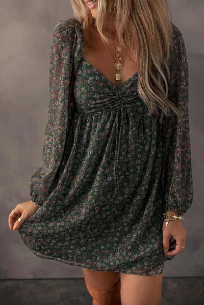 Green Floral Print Sweetheart Neck Shirred Back Mini Dress - Chic Meadow Boutique 