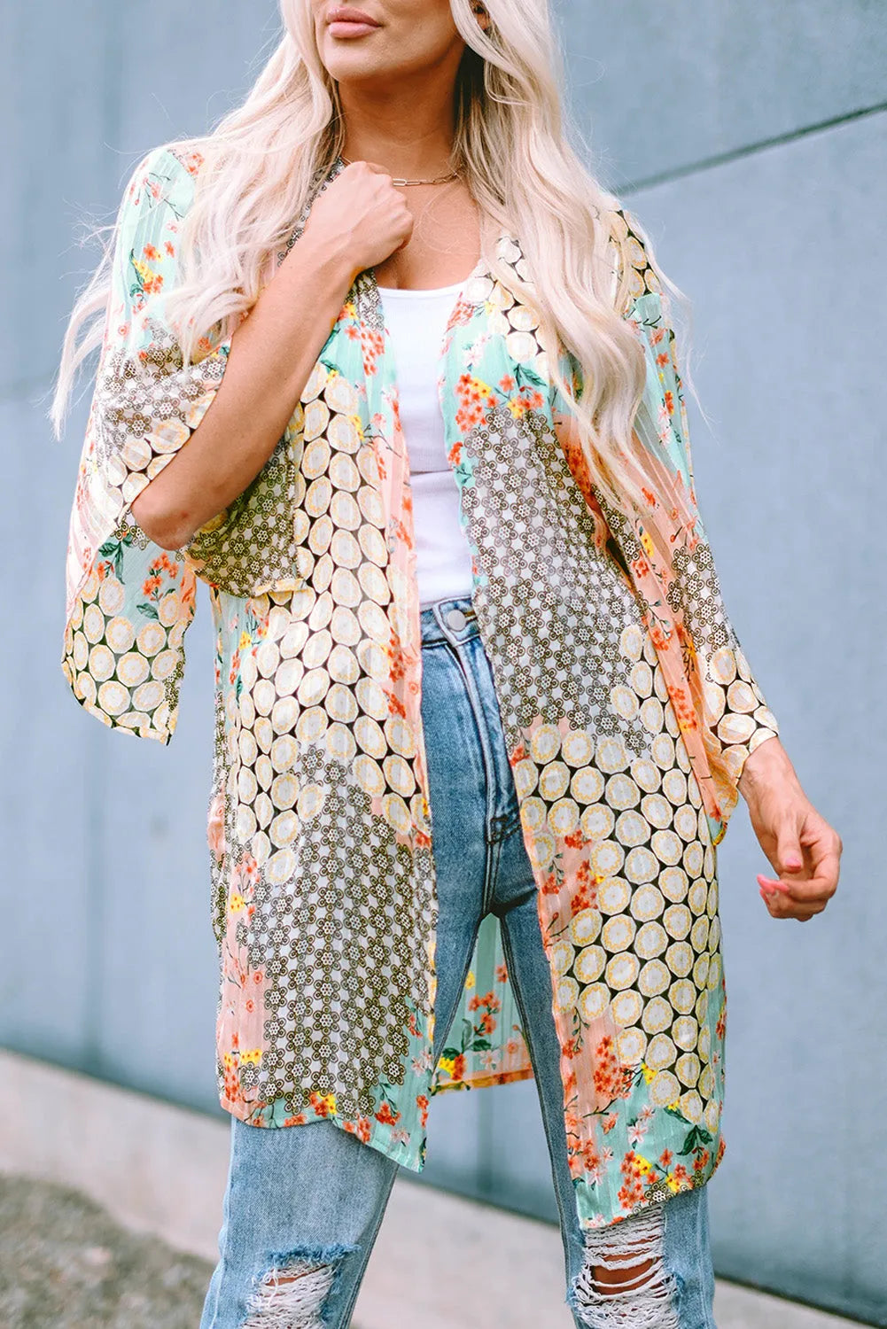 Multicolor Floral Open Sheer Shimmer Kimono - Chic Meadow Boutique 