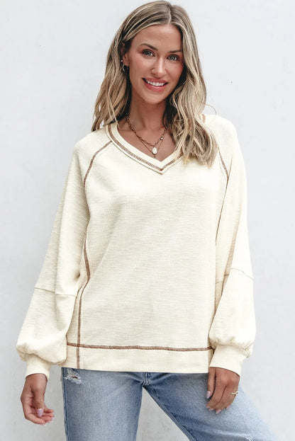 Beige Exposed Seam Textured Knit V Neck Pullover Top - Chic Meadow Boutique 