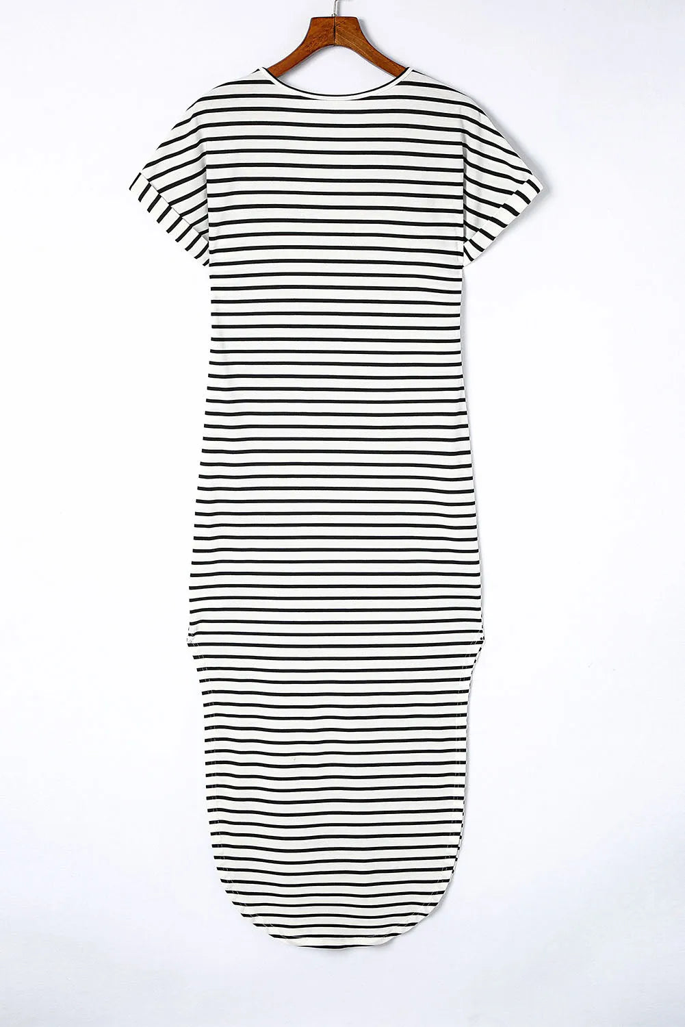 Black Striped Print Side Split Short Sleeve V Neck Maxi Dress - Chic Meadow Boutique 