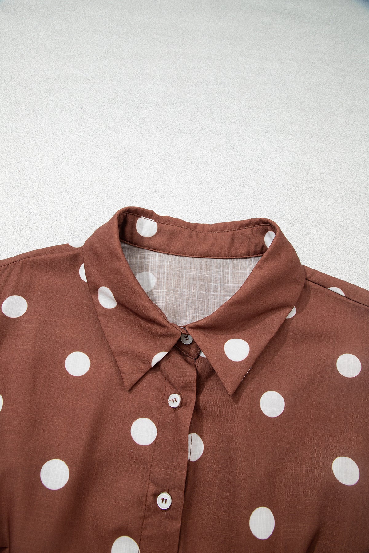 Brown Polka Dot V Neck Abdomen Pocket Gathered Cuffs Long Sleeve Shift Plus Size Dress