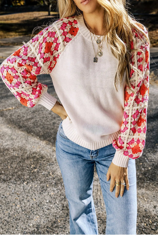 Rose Crochet Puff Sleeve Contrast Knit Sweater - Chic Meadow Boutique 