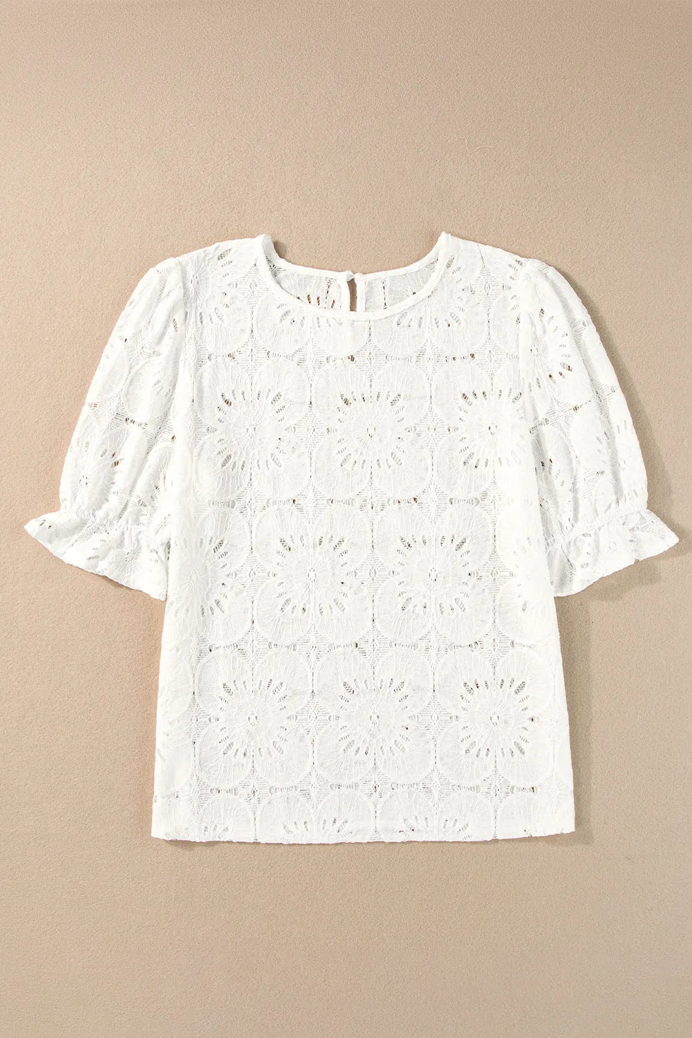 White Flower Eyelet Jacquard Keyhole Flounce Sleeve Top - Chic Meadow Boutique 