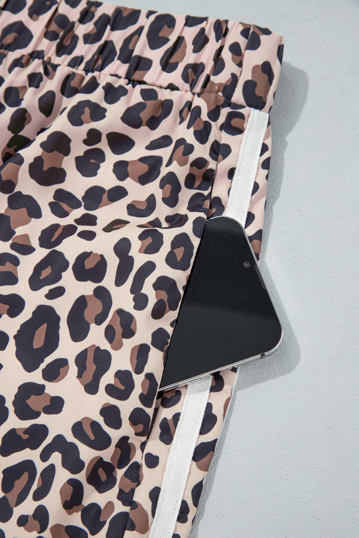 Beige Plus Size Leopard Print Side Stripes Detail Casual Pants
