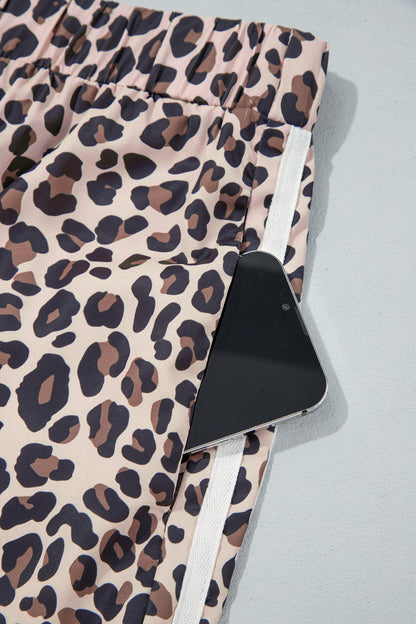 Beige Plus Size Leopard Print Side Stripes Detail Casual Pants