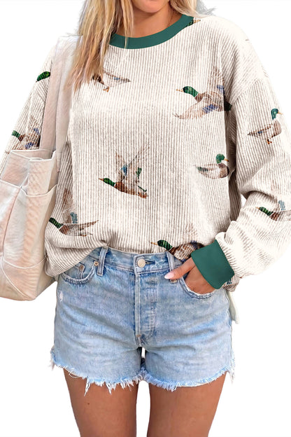 Beige Twisted Ribbed Duck Print Crewneck Casual Pullover Top