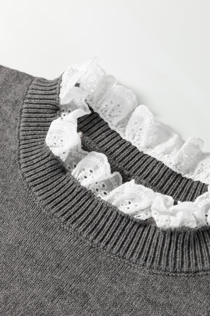 Sleet Lace Trim Patchwork Buttoned Cuffs Loose Sweater