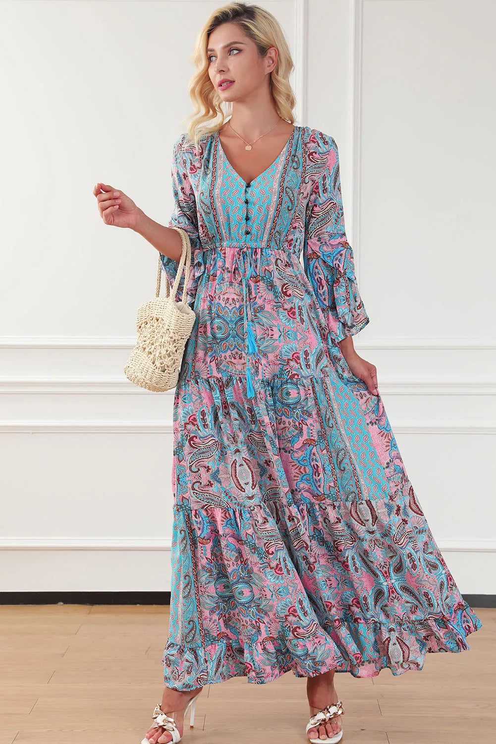 Paisley Printed Ruffle Trim Elegant Maxi Dress - Chic Meadow Boutique 