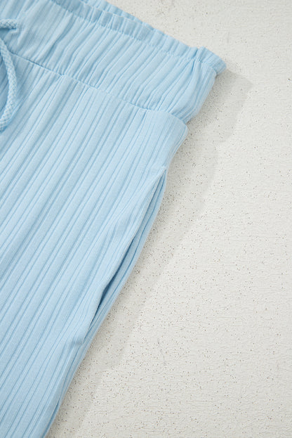 Beau Blue Ribbed Button V Neck Tank Top and Shorts Set