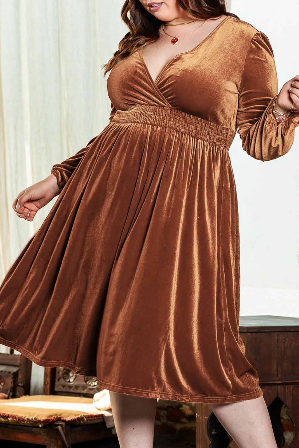 Camel Surplice V Neck Balloon Sleeve Velvet Dress - Chic Meadow Boutique 