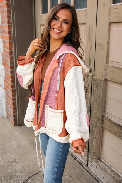 Coral Quilted Textured Patchwork Loose Fit Hooded Jacket - Chic Meadow Boutique 