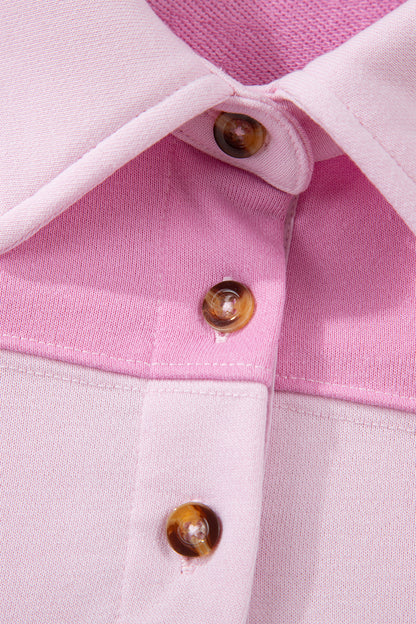 Pink Raw Seam Color Block Patchwork Button Polo Collar Mini Dress