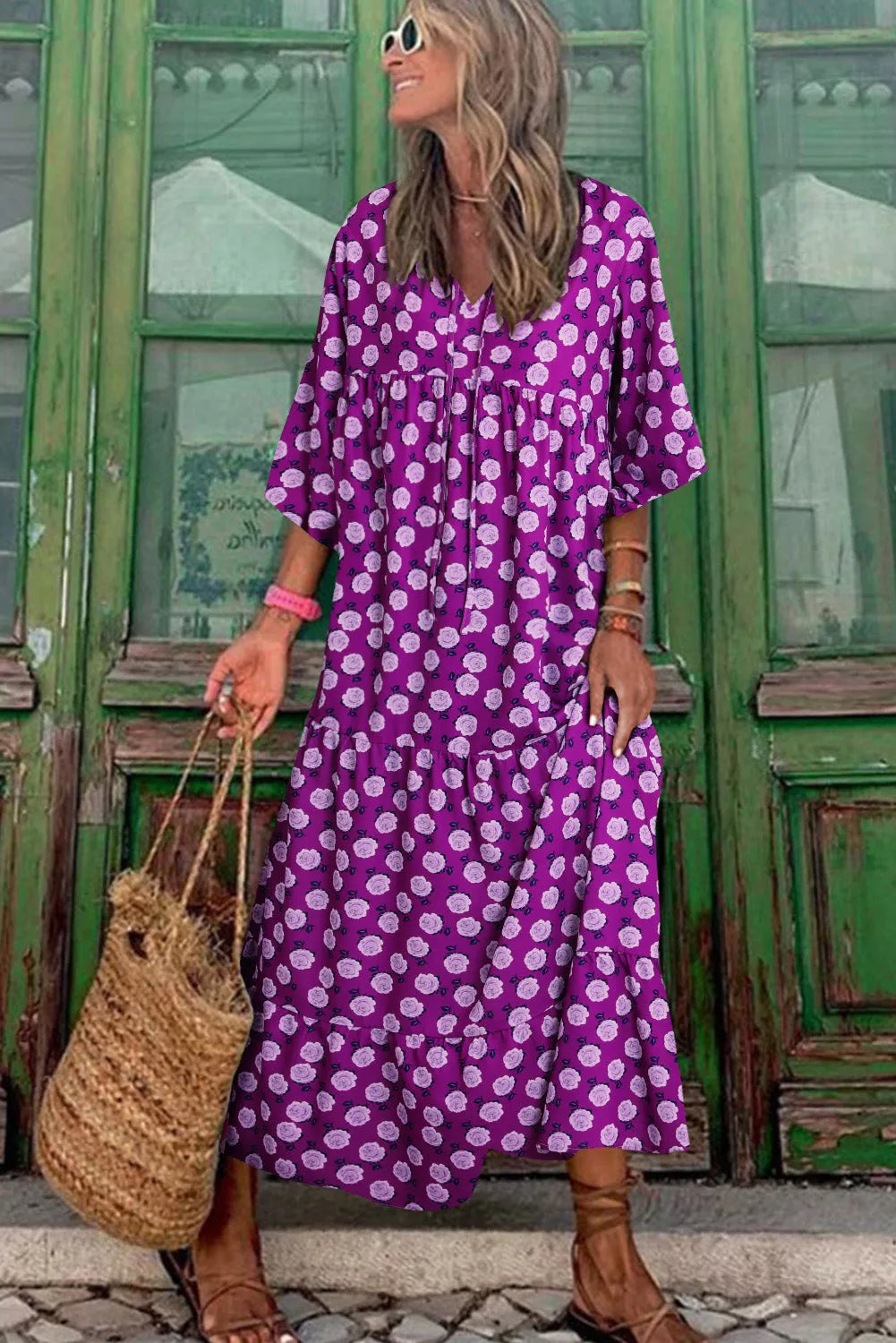 Purple Boho Printed Puff Sleeve Maxi Dress - Chic Meadow Boutique 