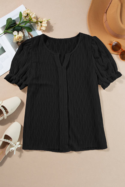 Black Solid Color Textured Notched Neck Puff Sleeve Blouse