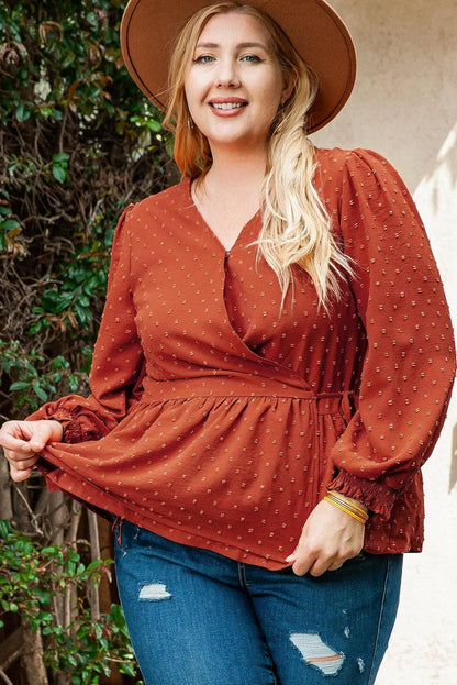 Plus Size/Plus Size Tops/Plus Size Blouses & Shirts Gold Flame Plus Size Swiss Dot V Neck Wrap Tie Side Blouse