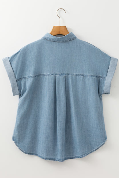 Dusk Blue Folded Short Sleeve Patched Pocket Denim Shirt