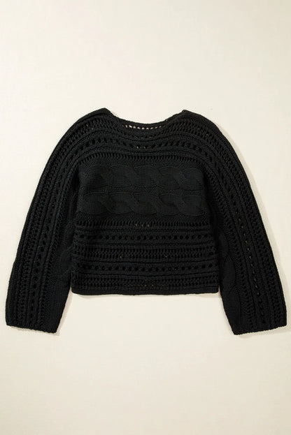 Black Hollow-out Cable Knit Cropped Sweater - Chic Meadow Boutique 