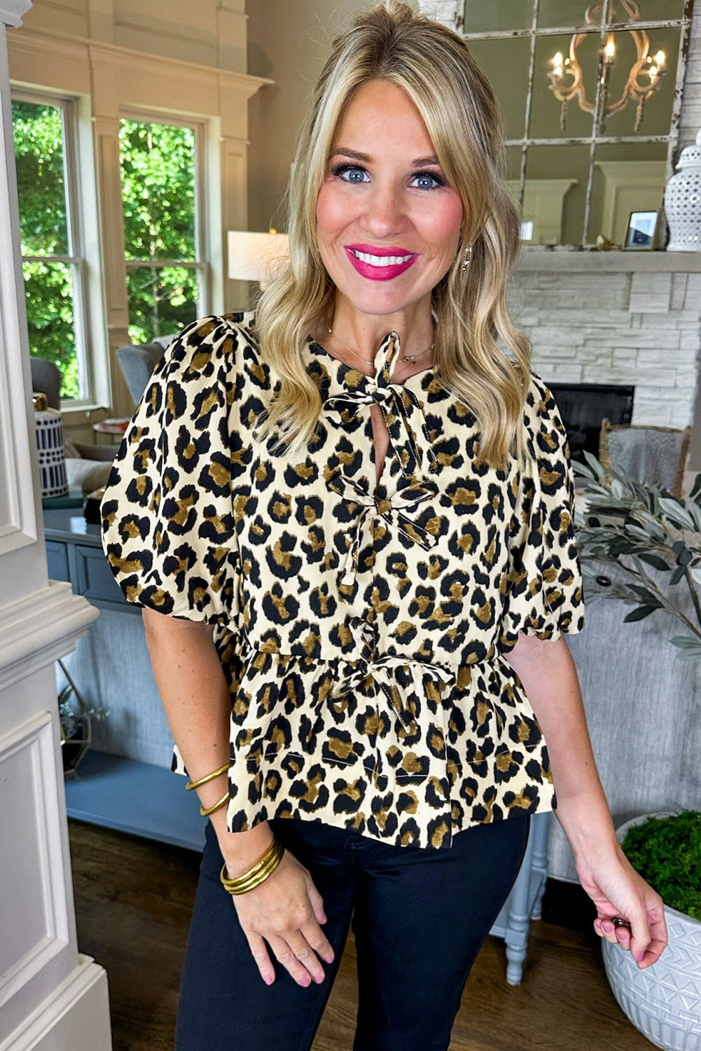 Apricot Leopard Bubble Sleeve Bow Tie Front Peplum Blouse