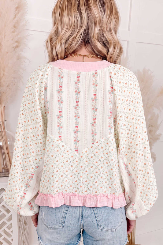 Beige Floral Print Color Block Trim Lace-up V Neck Long Sleeve Blouse
