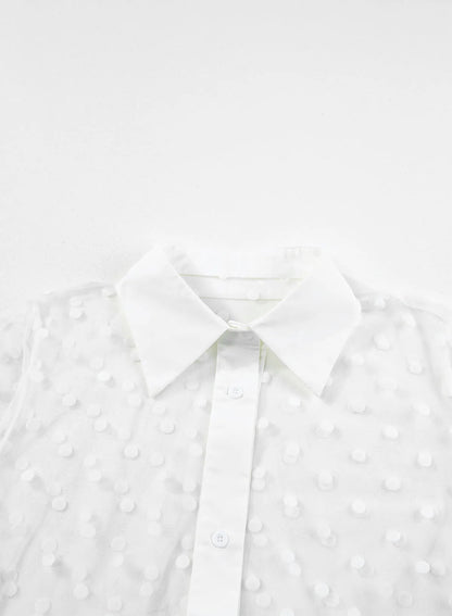 White Polka Dot Print Collared Buttoned Mesh Duster Kimono - Chic Meadow Boutique 