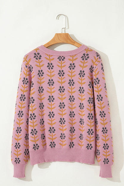 Pink Floral Button Down Ribbed Banded Cardigan Sweater