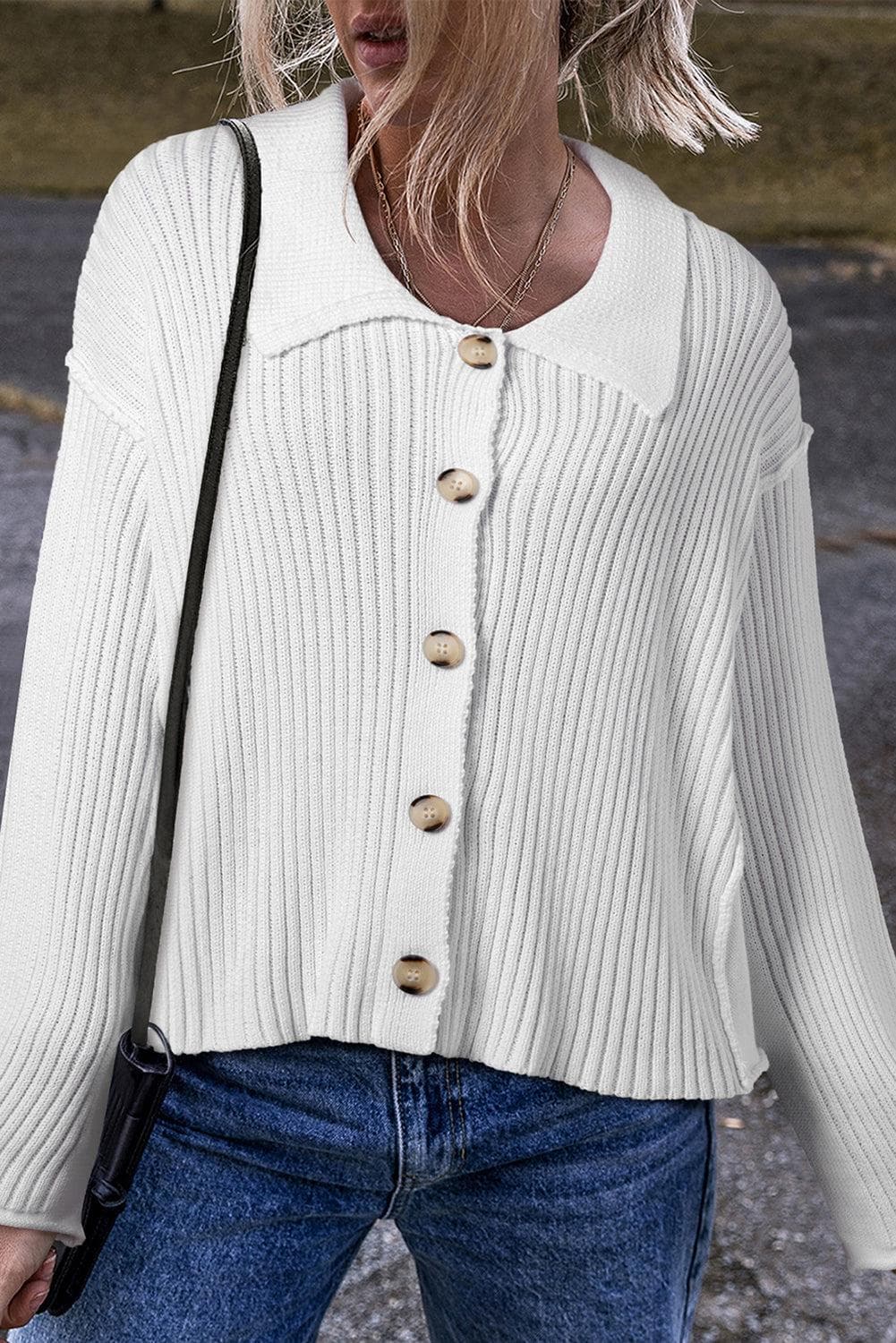 Sweaters & Cardigans/Cardigans White / S / 55%Acrylic+45%Cotton White Collared Button-up Loose Fit Casual Sweater