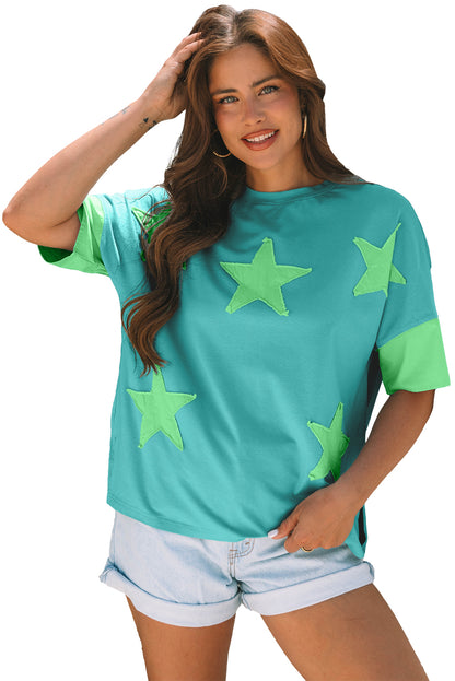 Aruba Blue Frayed Denim Star Patched Oversize T Shirt
