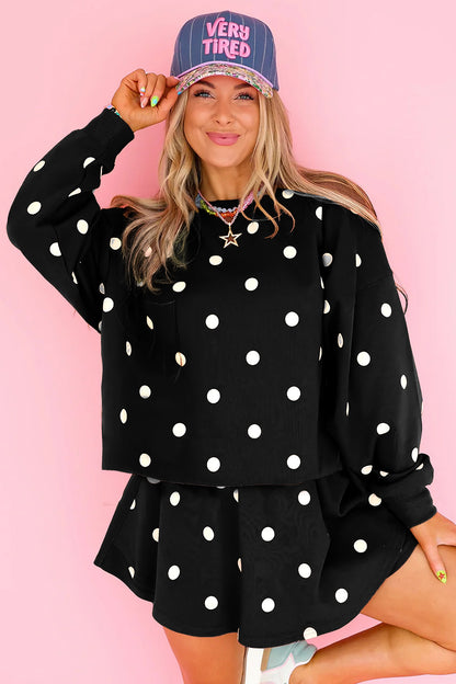 Black Polka Dot Raw Hem Relaxed Pullover Loose Skort Two Piece Set