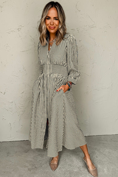 Black Stripe V Neck Zip Front Cinched High Waist Midi Dress