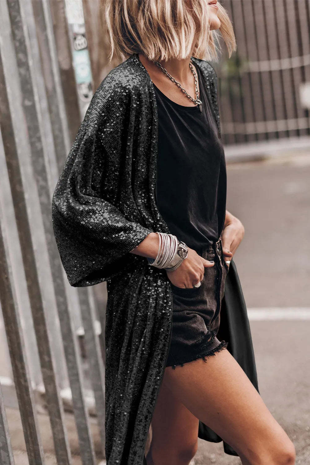 Black Sequin 3/4 Sleeve Open Front Duster Kimono - Chic Meadow Boutique 