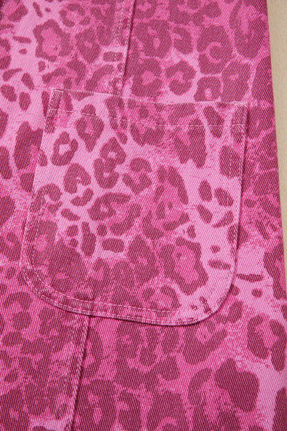 Pink Leopard Denim Buttoned Shift Sleeveless Dress