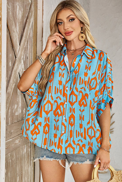 Sky Blue Abstract Print Dolman Short Sleeve Western Loose Shirt