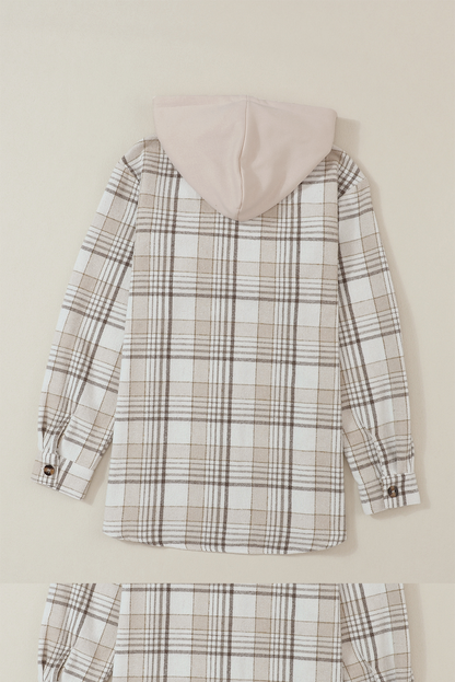 Khaki Plaid Removable Hood Buttoned Shacket - Chic Meadow Boutique 