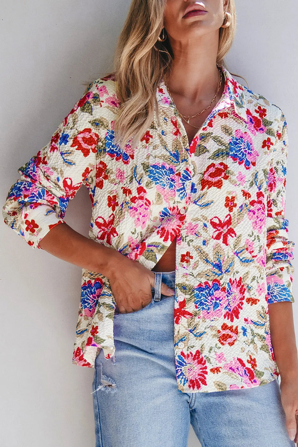 Red Floral Print Slim Fit Buttoned Turn Down Collar Shirt - Chic Meadow Boutique 