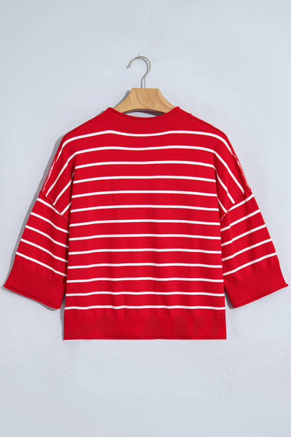 Red Stripe Dropped Shoulder Half Sleeve Relaxed Knit Sweater