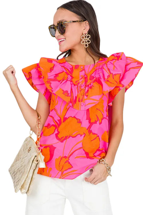 Rose Floral Ruffled Trim Flutter Sleeve Summer Top - Chic Meadow Boutique 