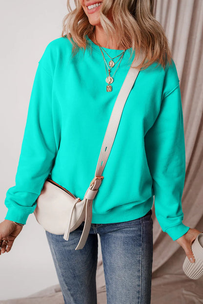 Aruba Blue Solid Fleece Lined Drop Shoulder Terry Sweatshirt - Chic Meadow Boutique 