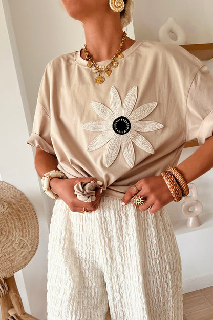 Oatmeal Contrast Crochet Floral Graphic Drop Shoulder Loose Tee