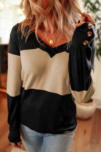 Parchment Colorblock Button Decor Long Sleeve V Neck Top - Chic Meadow Boutique 