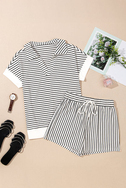 Black Stripe V Neck Tee and Casual Short Set