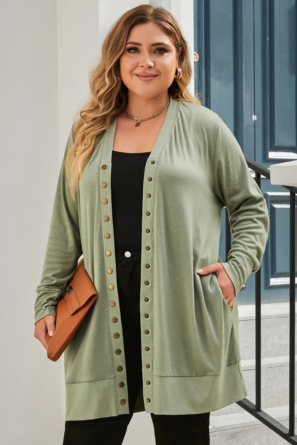 Green Plus Size Snap Buttons Front Knit Cardigan - Chic Meadow Boutique 