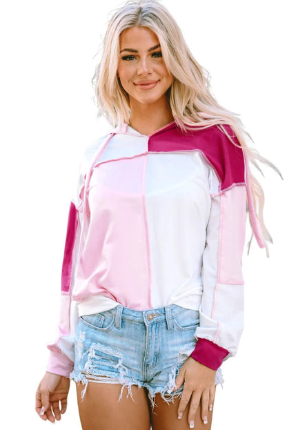 Pink Colorblock Exposed Seam Loose Sleeve Hoodie - Chic Meadow Boutique 