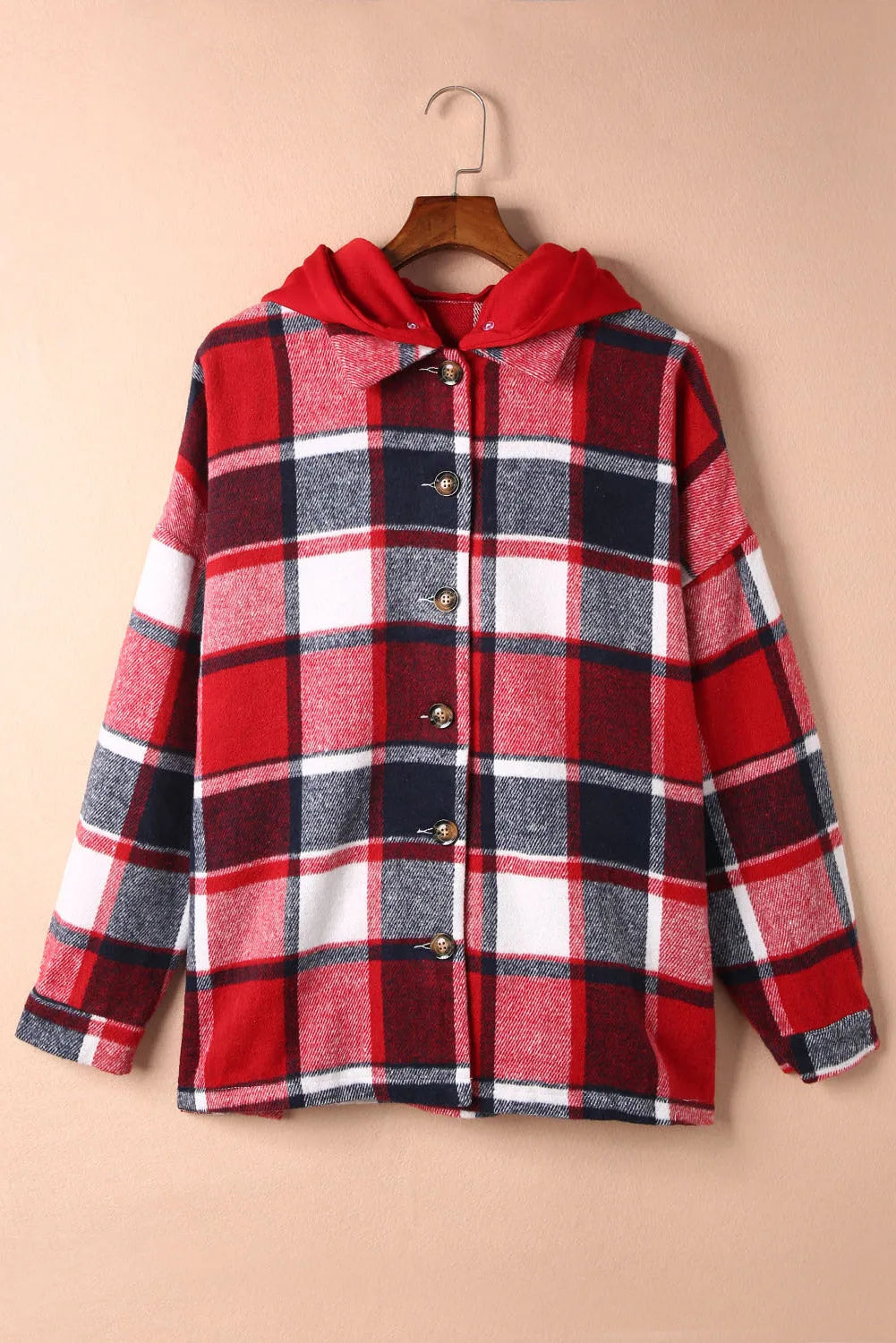 Fiery Red Hooded Plaid Button Front Shacket - Chic Meadow Boutique 