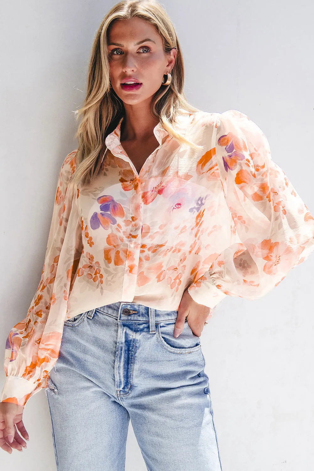 White Floral Print Collared Balloon Sleeve Loose Shirt - Chic Meadow Boutique 