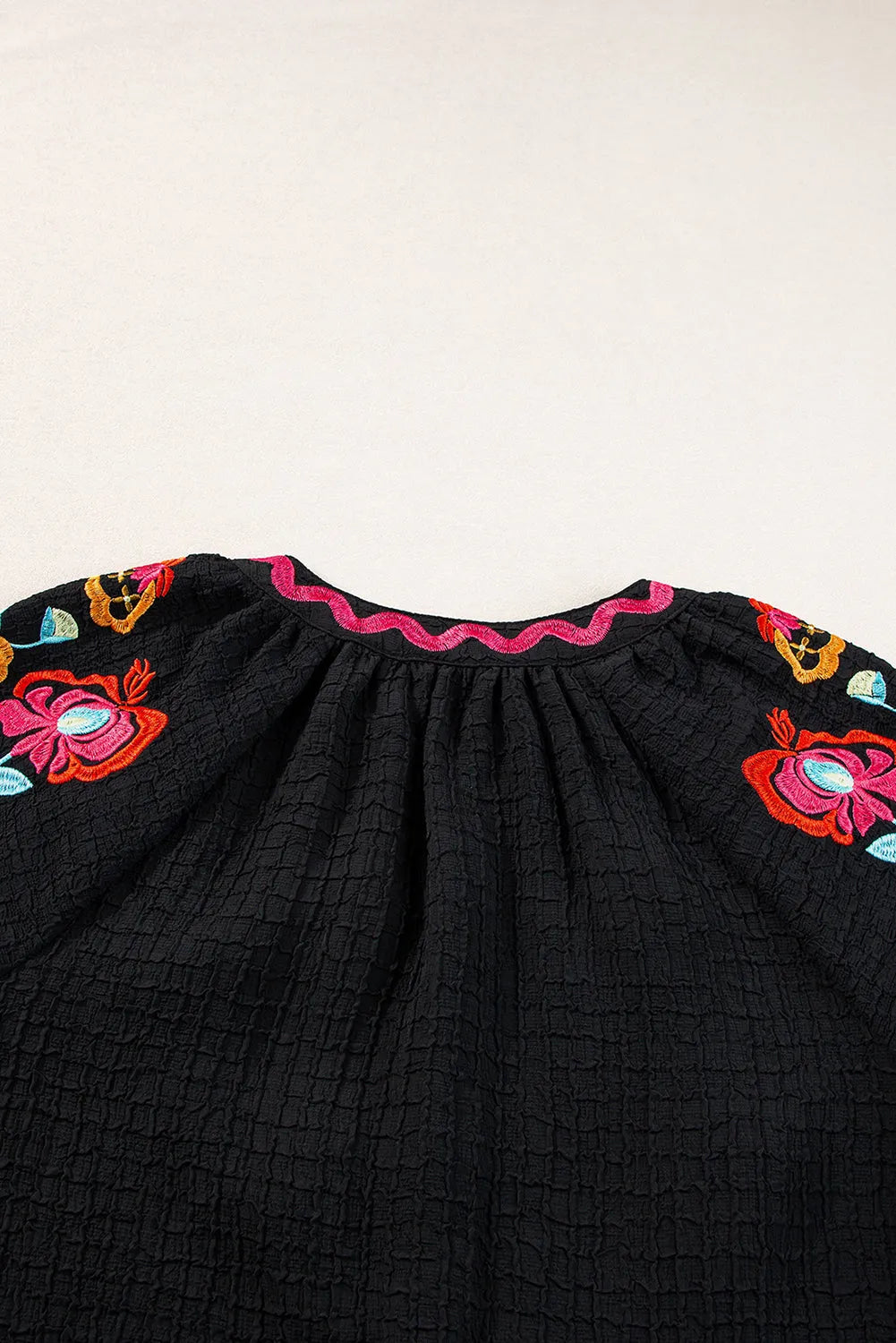 Black Floral Embroidered Ricrac Puff Sleeve Textured Blouse - Chic Meadow Boutique 