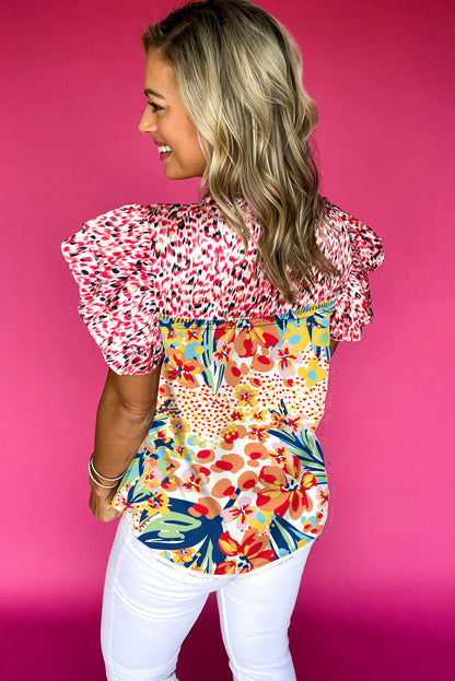 Red Floral Mixed Print Ruffle Cap Sleeve Blouse