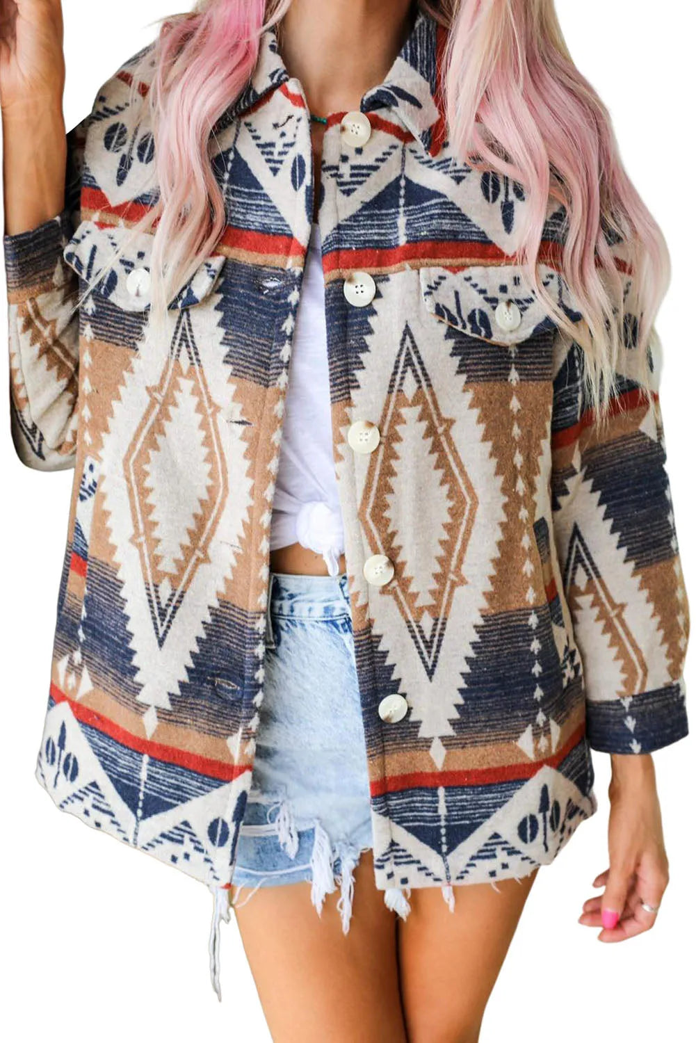 Multicolor Aztec Print Button-Up Oversized Jacket - Chic Meadow Boutique 