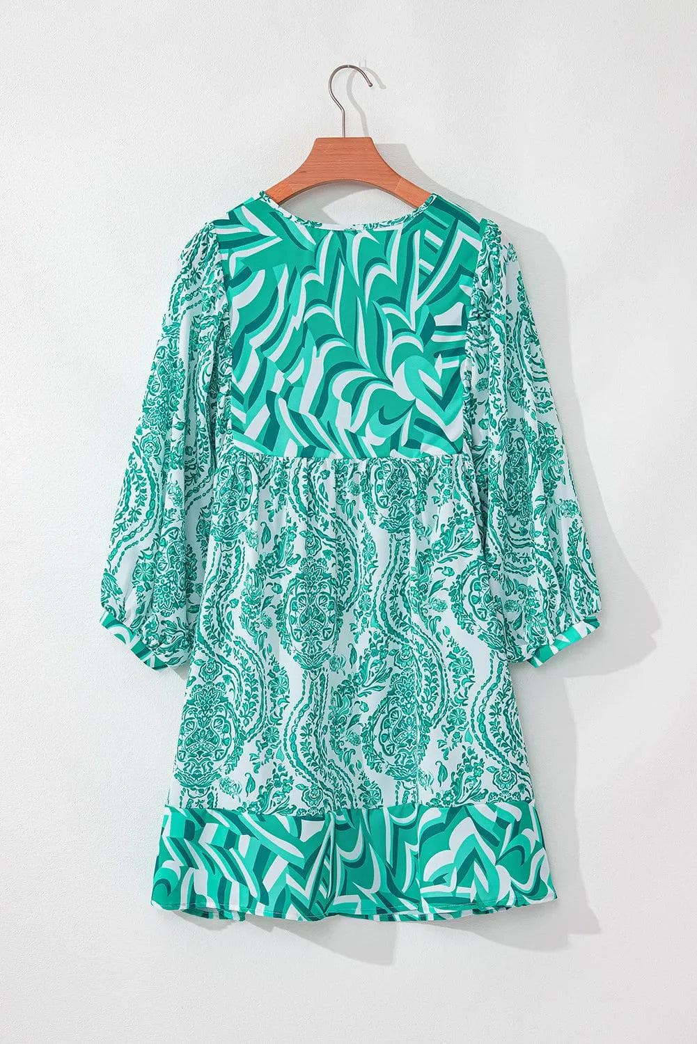 Green Bohemian Print Puff Sleeve Tied V Neck Flared Mini Dress - Chic Meadow Boutique 