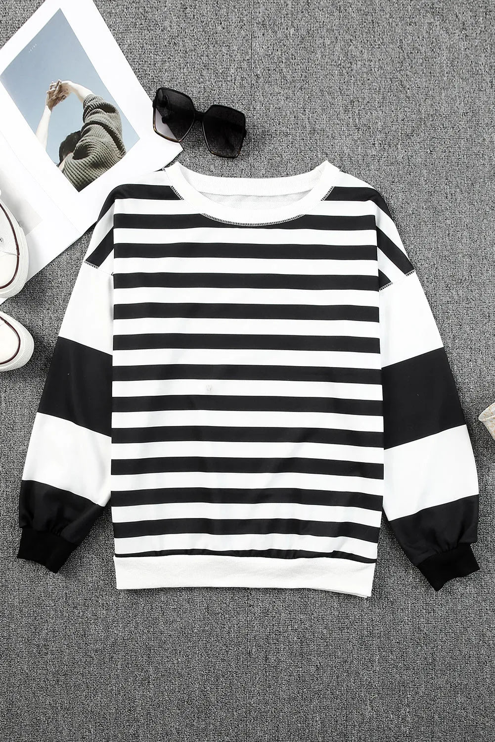 Black Stripe Drop Shoulder Striped Pullover Sweatshirt - Chic Meadow Boutique 